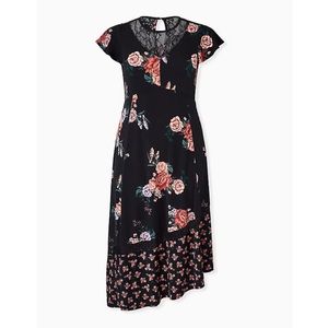 Black Floral Studio Knit Asymmetrical Midi Dress
